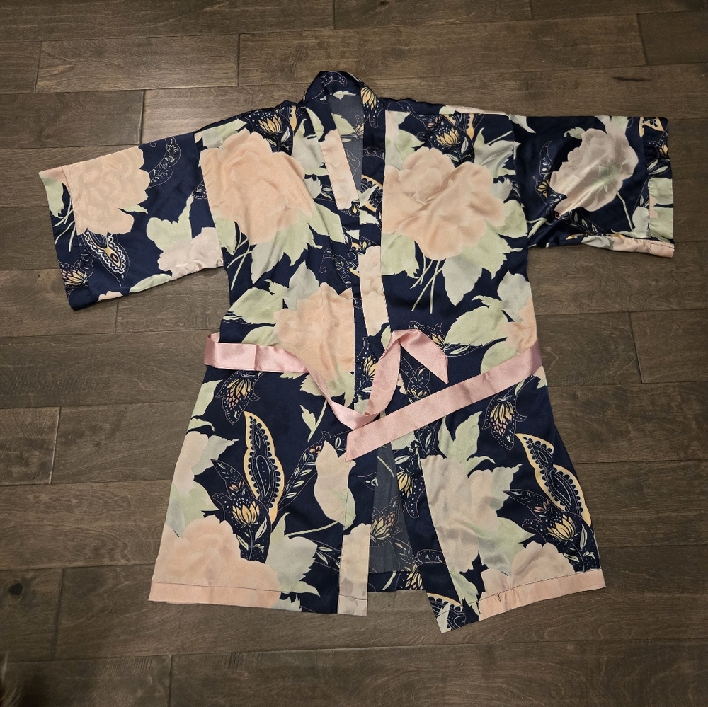 Womens One Size Silky Robe, Pink, Blue Tie Bathrobe, House Robe